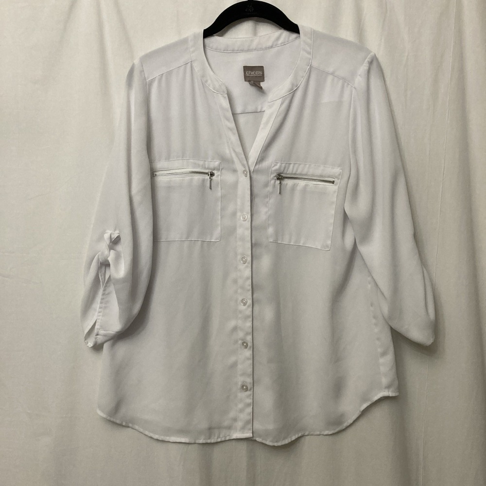 Chico's‎ White Button-Up Top w/Zipper Pockets & Roll-Tab Sleeves - SZ 1 (M)